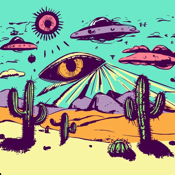 Psychodeliczny Pustynny Krajobraz Surrealistycznymi Kaktusami Ufo Obcymi Pływającymi Oczami Plakat — Wektor stockowy
