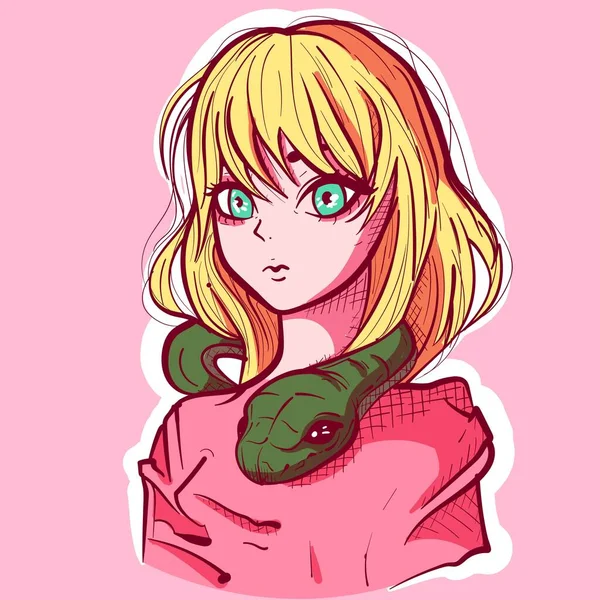 ブロンドのアニメの女の子と彼女の首の周りのヘビのデジタルアート ピンクを身に着けて緑の爬虫類を持つ日本の漫画人形 — ストックベクタ