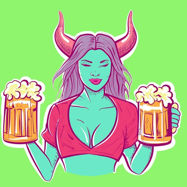 Digital Art Viking Demon Woman Holding Two Pints Beer Vector — Stock Vector