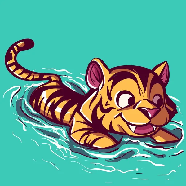 Cyfrowa Sztuka Małego Tygrysa Uczącego Się Pływać Basenie Dzikie Zwierzę — Wektor stockowy