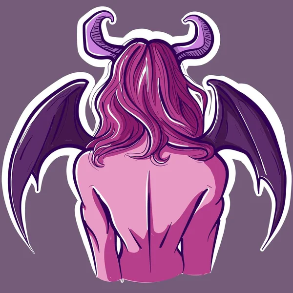 Digital Art Demon Backside View Wings Horns Vector Devil Woman — Stock Vector