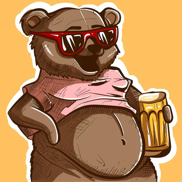 Digital Art Bear His Belly Sticking Out His Shirt Holding — Stock Vector