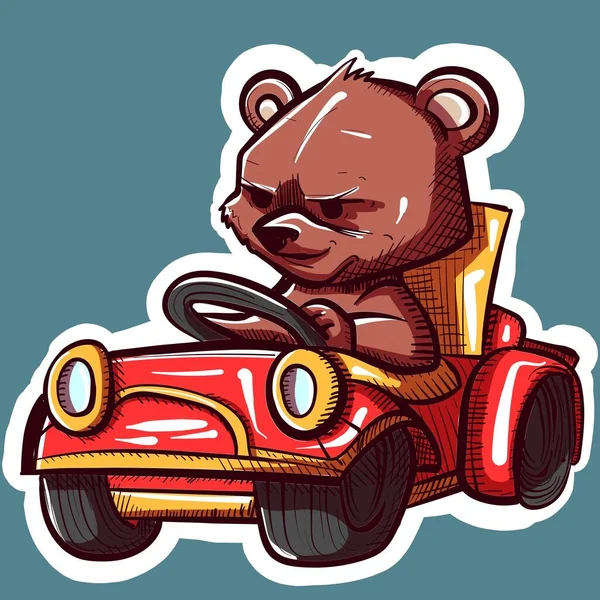 stock vector Digital art of a teddy bear driving a small red toy car. Vector of a stuffed animal working as a driver inside an automobile.