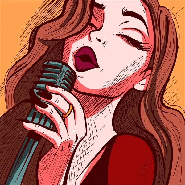 彼女の声でマイクで歌っている女性のクローズアップイラスト マイク上でカラオケを演奏する歌手のデジタルアート — ストックベクタ