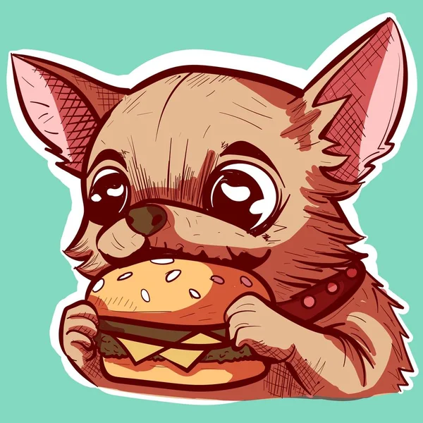 Digital Art Cute Cartoon Chihuahua Eating Big Burger His Small — Stock Vector