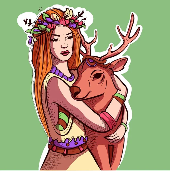 野生の鹿を持つ彼女の髪に花を持つヒッピー女性のデジタルアート ベクトルのA Boho女の子抱擁Aトナカイ — ストックベクタ