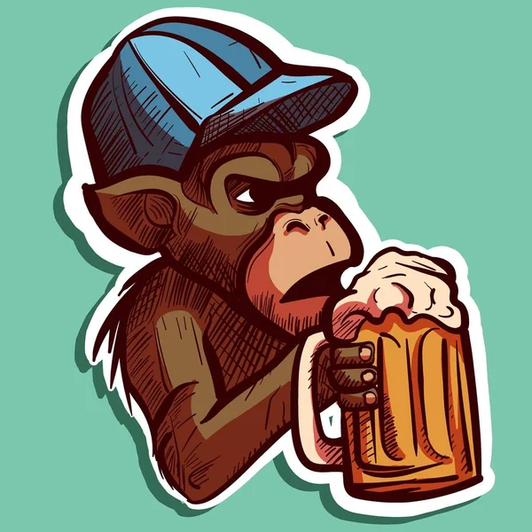 Digitální Umění Seriózní Opice Kloboukem Pije Džbánek Piva Kreslená Opice — Stockový vektor