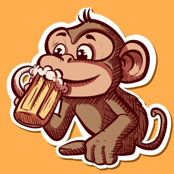 원숭이가 맥주를 마시는 디지털 머그를 마스코트 침팬지 의사본 — 스톡 벡터