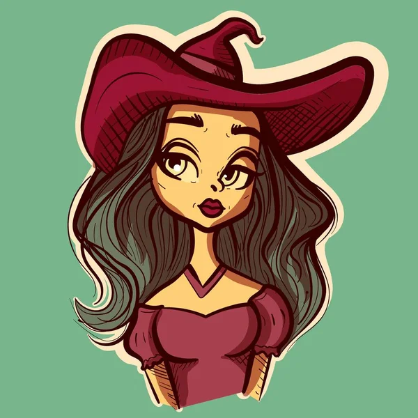 ハロウィン用の帽子をかぶった女性魔女のデジタルアート オカルトとゴシックの衣装で美しい女性のアバター漫画のキャラクター — ストックベクタ