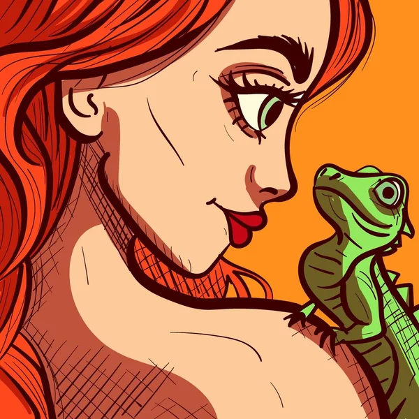 一个红头发的女人肩膀上抱着蜥蜴的特写 一个女孩和她的宠物鬣蜥的数字艺术 卡通矢量 — 图库矢量图片