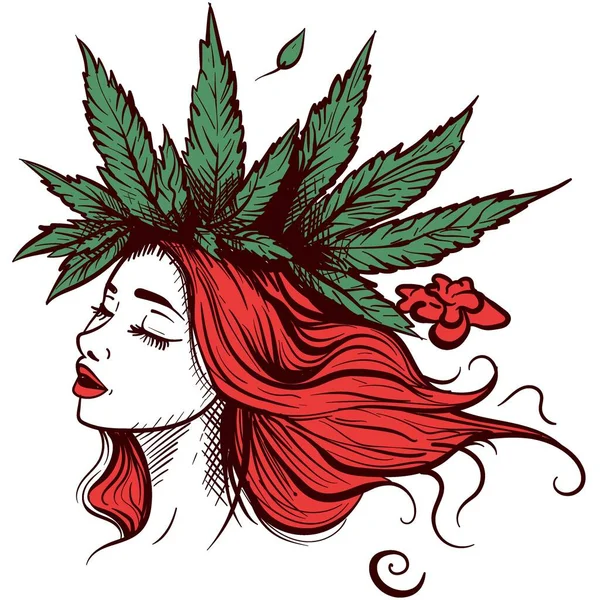 Digital Illustration Rödhårig Kvinna Med Gröna Marijuanablad Håret Skiss Vektor — Stock vektor