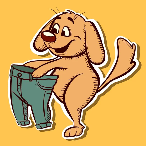 一只黄色的狗穿上一条裤子的数字图像 穿着蓝色牛仔裤的快乐的金发碧眼卡通片的载体 — 图库矢量图片