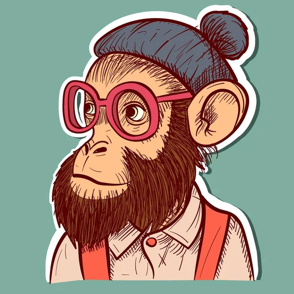Illustration Hipster Monkey Wearing Eyeglasses Hat Shirt Elegant Gentleman Chimp — Stock Vector