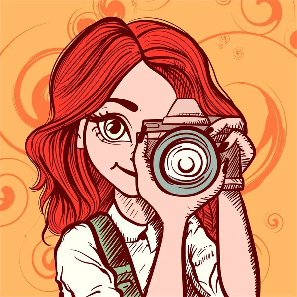 Elinde Dijital Kamerayla Anime Kızıl Saçlı Bir Kadının Resmi Fotoğraf — Stok Vektör