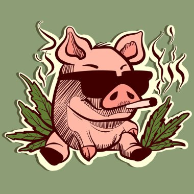 Güneş gözlüklü, esrar içen sevimli bir domuzun tasviri. Etrafında marihuana yaprakları olan ve ağzında sigara tutan domuz yavrusu karakteri.