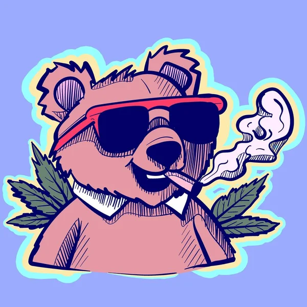 Ilustrace Hnědého Medvěda Jak Kouří Cigaretu Vektor Grizzlyho Slunečními Brýlemi — Stockový vektor
