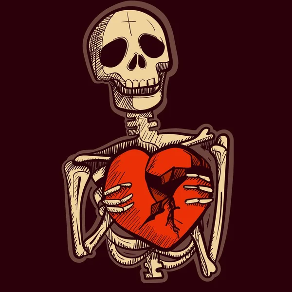 Ilustrace Kostlivce Zlomeným Srdcem Rukou Vektor Mrtvého Gotického Člověka Smutnými — Stockový vektor
