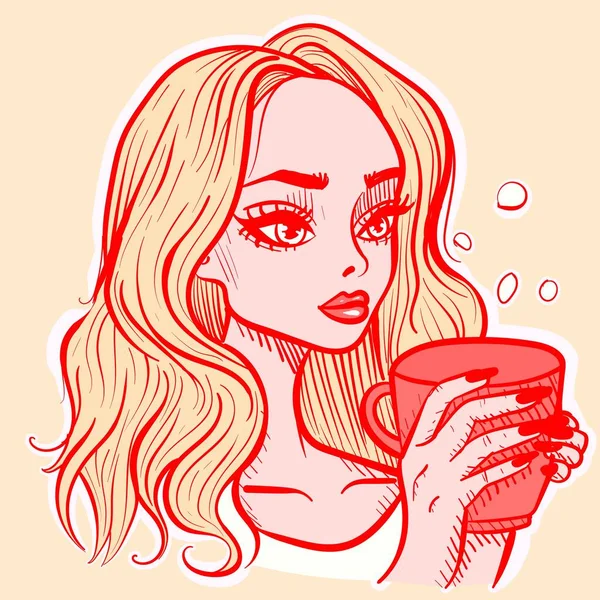 Illustration Blond Kvinna Som Håller Mugg Vektor Flicka Som Dricker — Stock vektor
