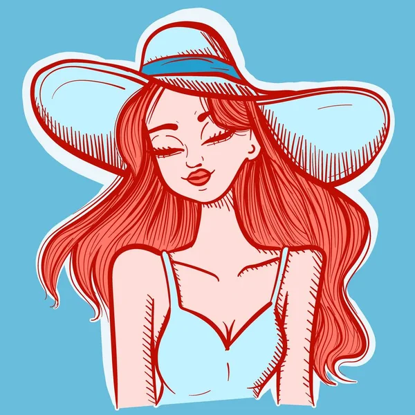 一个戴着蓝色帽子和泳衣的红头发女人的画像 一个有夏天激情的女孩的病媒 — 图库矢量图片