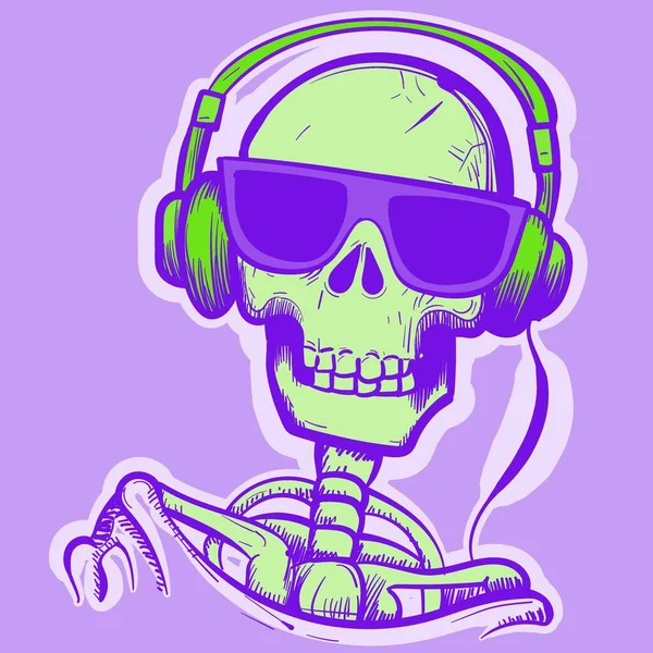 Иллюстрация Фиолетового Зеленого Скелетов Солнечными Очками Наушниками Вектор Черепа Человека — стоковый вектор