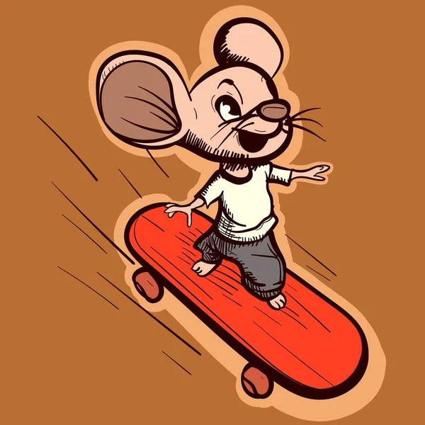 描述一只在滑板上活动的快乐小耗子 滑板滑板鼠标卡通人物的矢量 — 图库矢量图片
