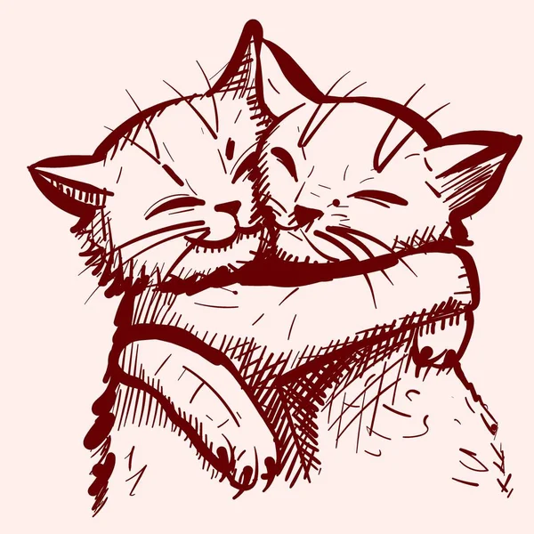 Skica Dvou Roztomilých Koček Objímajících Vektor Dvou Roztomilých Koťátek Objímajících — Stockový vektor