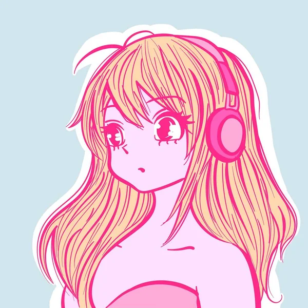 Ilustrasi Seorang Gadis Anime Lofi Memakai Headphone Dan Mendengarkan Musik - Stok Vektor