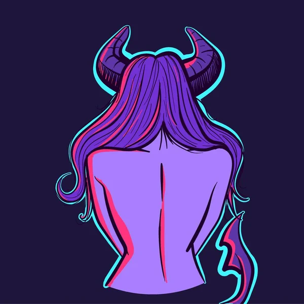 一个有角和尾巴的霓虹灯恶魔女人的背影 在紫外光下魔鬼女孩反视的矢量 — 图库矢量图片
