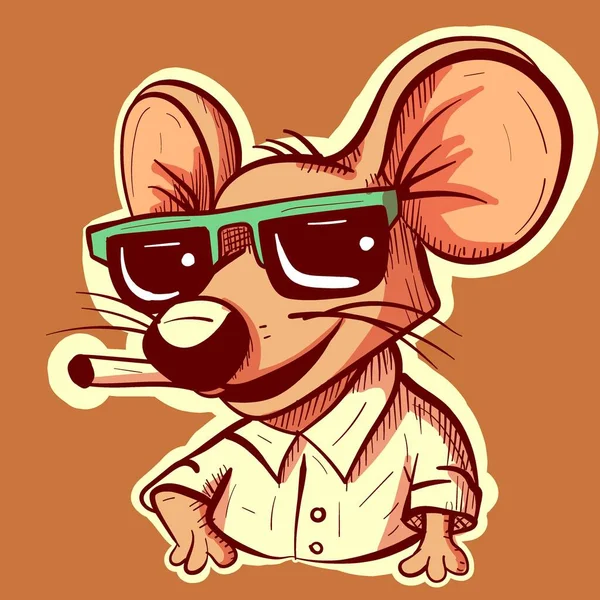 サングラスをかけてタバコを吸うシャツの中のクールなネズミのイラスト 奇妙なマウス漫画のキャラクターのベクトル喫煙A共同 — ストックベクタ