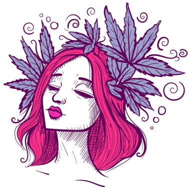 Kafasında kenevir yaprakları olan kızıl saçlı bir kadının resmi. Çiçek süslemeli kızıl kız vektör çizimi
