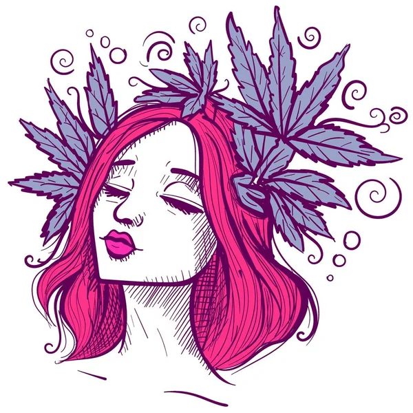 Illustration Rödhårig Kvinna Med Cannabislöv Runt Huvudet Ingefära Flicka Vektor — Stock vektor