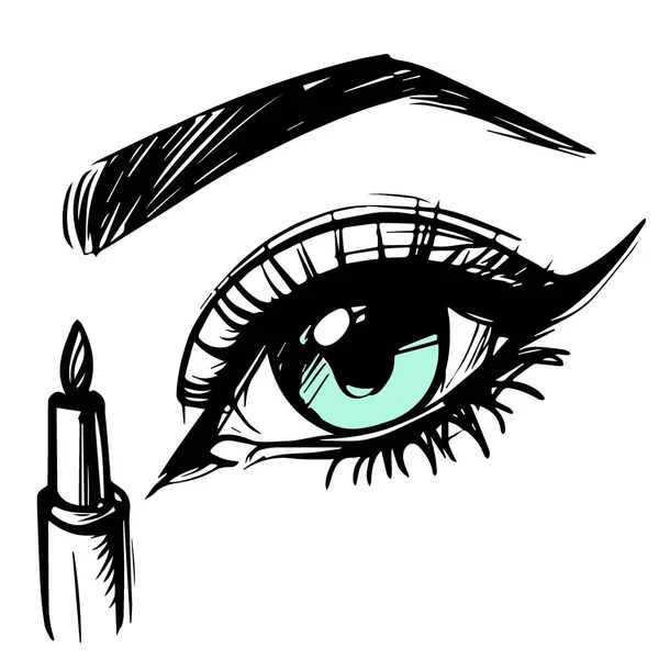 Göz Yanılsaması Kirpik Çizimi Makyajlı Kozmetik Ürünlü Siyah Beyaz Çizimin — Stok Vektör