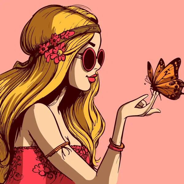 Güneş gözlüklü sarışın hippi bir kadının vektörü elinde bir kral kelebeği tutuyor. Bohem bir kız ve parmaklarında bir böcek tasviri.