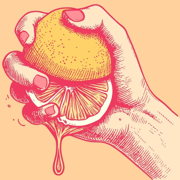 一个女人的手在捏半个石灰 油腻的手指和多汁的柠檬片的图解 图库插图