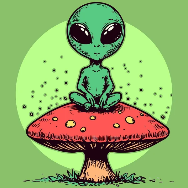 一个坐在迷幻的迷幻蘑菇上沉思的外星人的卡通角色 在做瑜伽的真菌上的绿色人形物 免版税图库插图