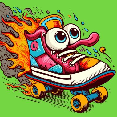 Vector of a colorful cartoon sneaker with eyes being in fire and leaving smoke behind. Illustration of a cool shoe on a skateboard with flames clipart