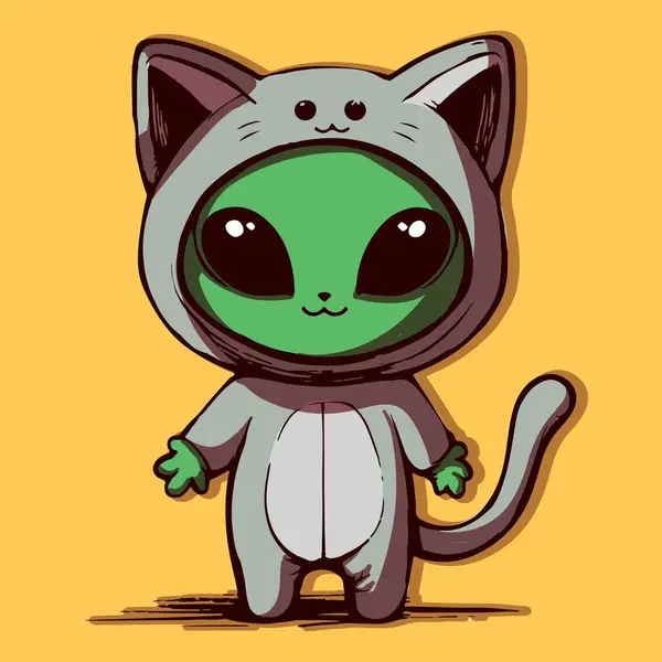 一个身穿卡瓦伊猫服的外星人的卡通角色 身穿服装的拟人化动物 万圣节的概念 图库矢量图片