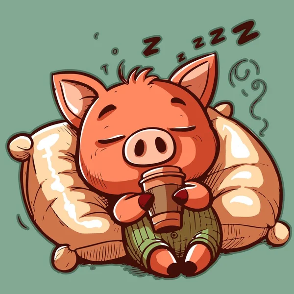 Doodle Vetorial Pequeno Porco Dormindo Travesseiro Bebendo Uma Xícara Café Ilustrações De Stock Royalty-Free