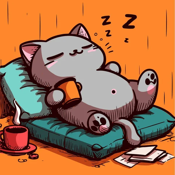 一只困倦的猫躺在枕头上 手里拿着咖啡杯 睡在床上的卡通拟人化猫咪的病媒 免版税图库矢量图片