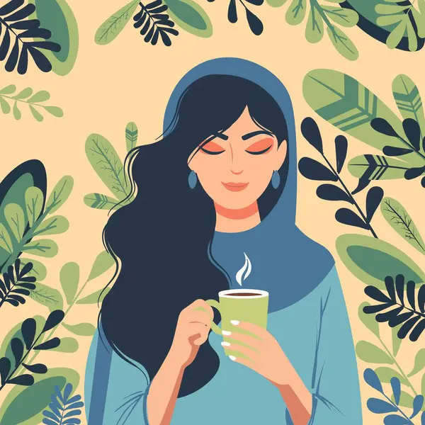 一个有着卷曲头发的穆斯林妇女拿着一杯咖啡被绿叶环绕的平面图片 头戴头巾拿着一大杯热茶的雌性病媒 免版税图库矢量图片