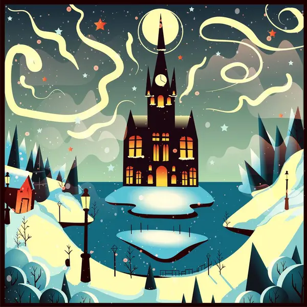 一个有湖泊 森林和城堡的迷人的冬季风景的平面插图 在白雪的背景下 星空闪烁的魔法王国 图库插图