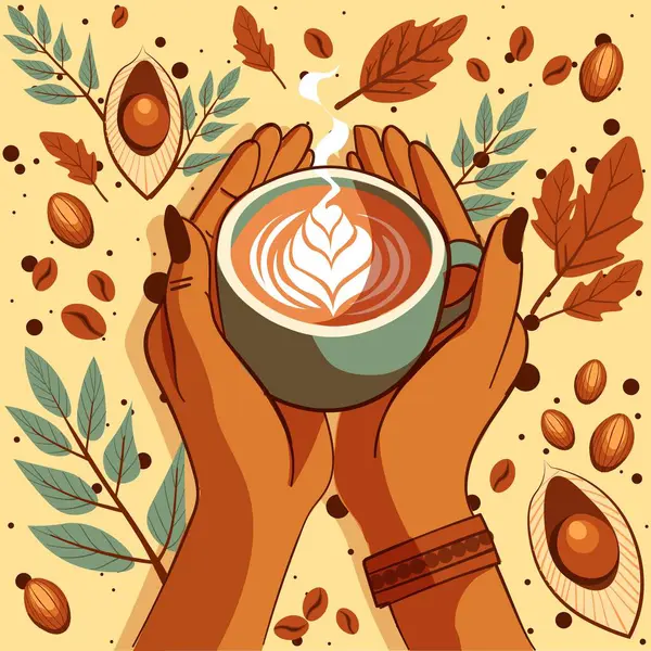 两只手拿着一杯咖啡的例子 咖啡的心脏形状是用奶油制成的 用热饮料和装饰物品作画 叶子和豆子 图库插图