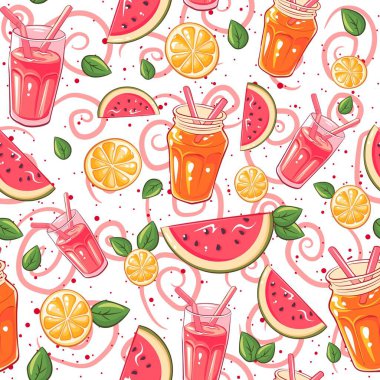Limonata bardakları, meyve suyu ve meyveli, kusursuz yaz deseni. Arka planı limon, karpuz dilimleri ve kavanozlarla tekrarla