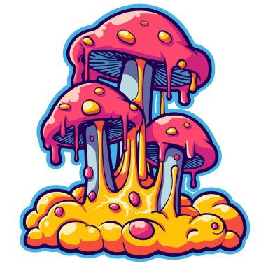 Acid psychedelic vector of three mushrooms with slime and clouds. Sticker of magic and trippy fluorescent fungi melting.  clipart