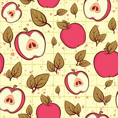 Kırmızı elmalar ve yapraklarla kusursuz bir desen. Yaz meyveleri ve sonbahar titreşimleriyle arka planı tekrarla.
