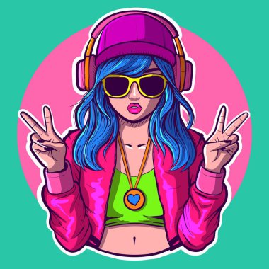 Barış işaretini gösteren kulaklıklı ve güneş kremli oyuncu bir kız tasviri. Renkli kıyafetler giyen bir e-spor kadının dijital sanatı.