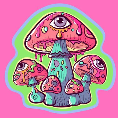 Renkli karikatür mantarlı garip asit çizimi. Psilosibin mantarı, gözleri ve psikedelik aurası var..