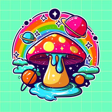 Suyun üzerinde renkli bir mantarın kabile psikedelik taşıyıcısı ve içinden sıvı akıyor. Gökkuşağı ve gezegenleri olan asitli uçuk mantar..