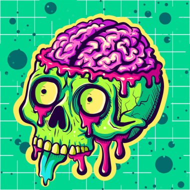 Pembe sümüklü karikatür zombi kafası. Kafası uçmuş, kafası uçmuş..