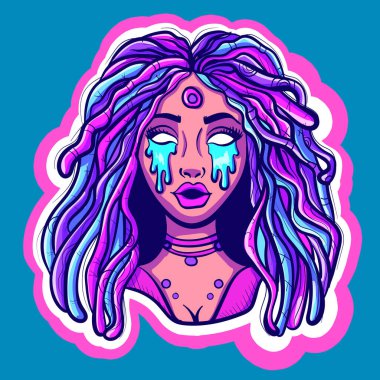 Mor ve mavi paletli psikedelik bir kadın. Rasta kızı, rastalı ve sümüklü..